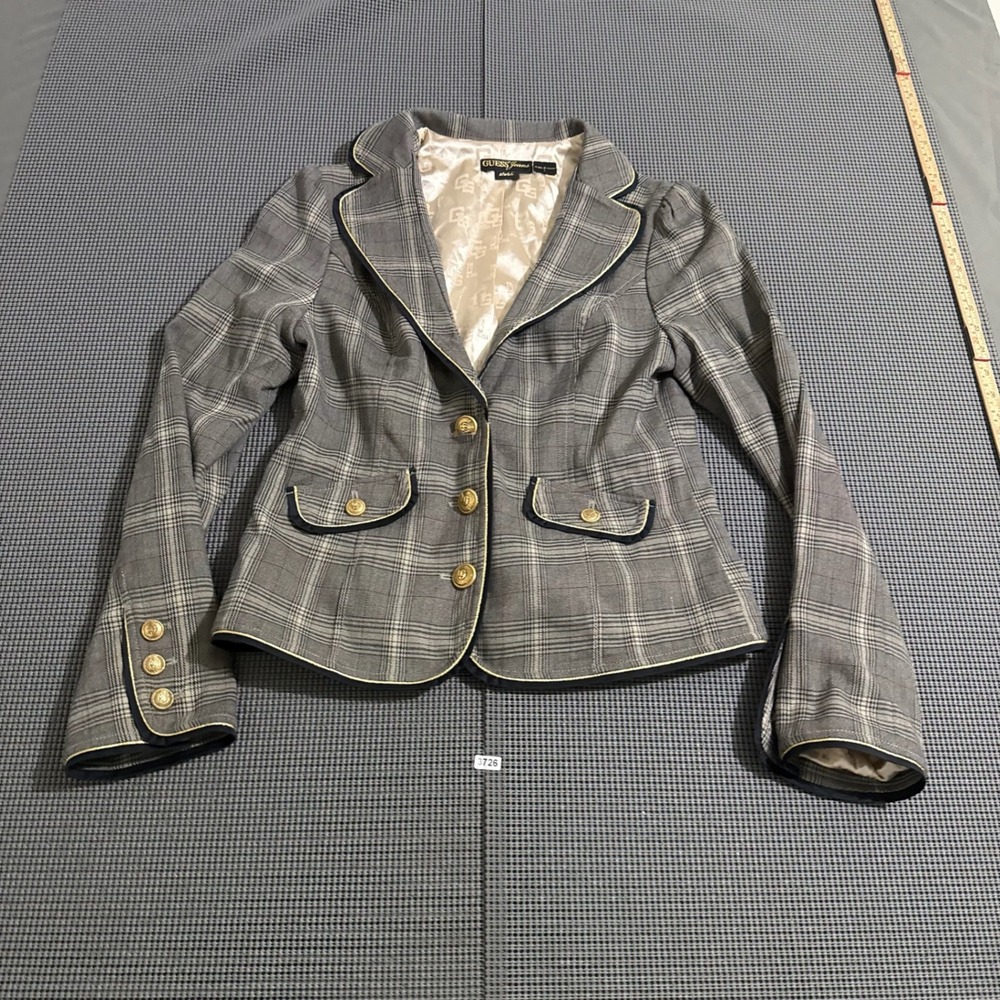 Guess Jeans Womens Gray Plaid Stretch Button Front Blazer Jacket Size L